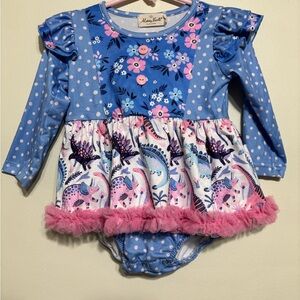 Marie Nicole Blue and Pink Dinosaur Dress toddler size 12/18 Months